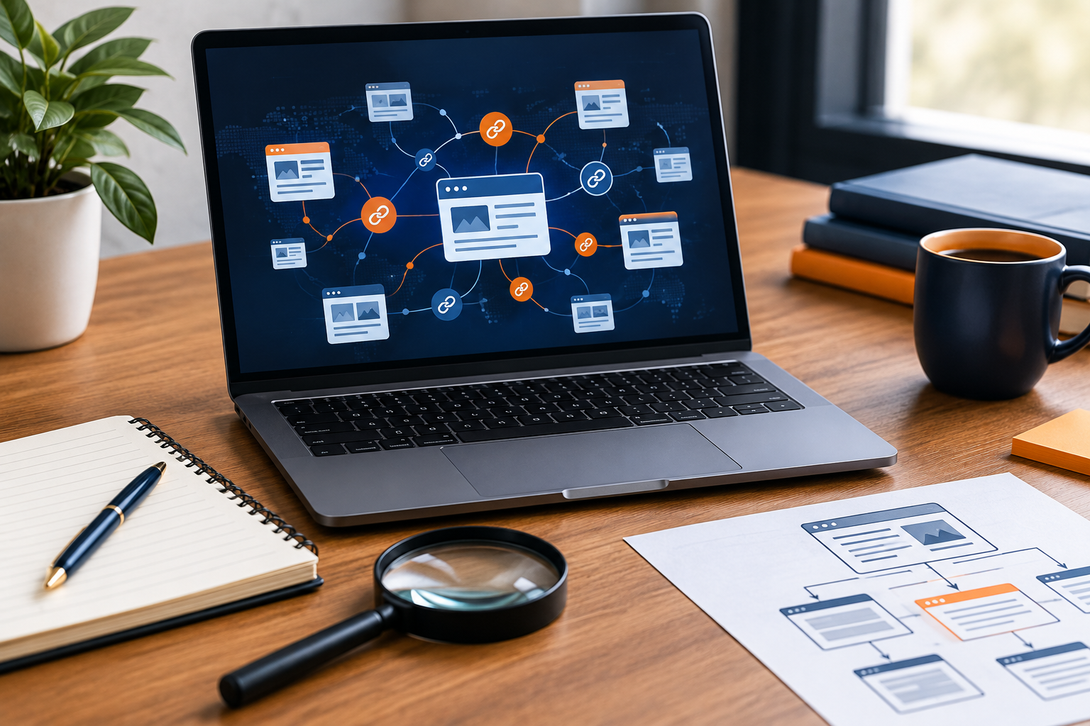Marketing professional reviewing an abstract backlink analysis dashboard on a laptop.