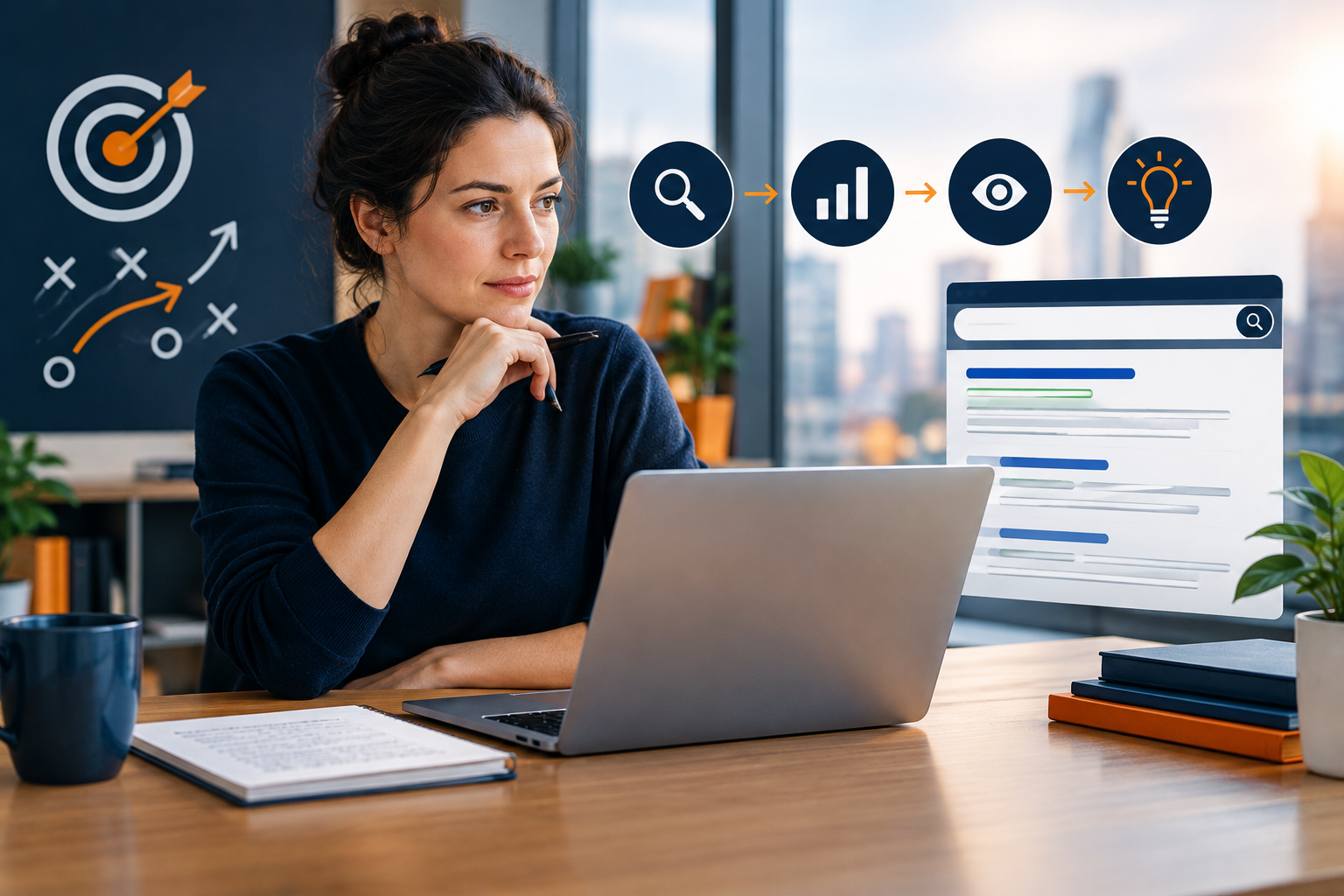 SEO consultant and business owner reviewing website search performance together