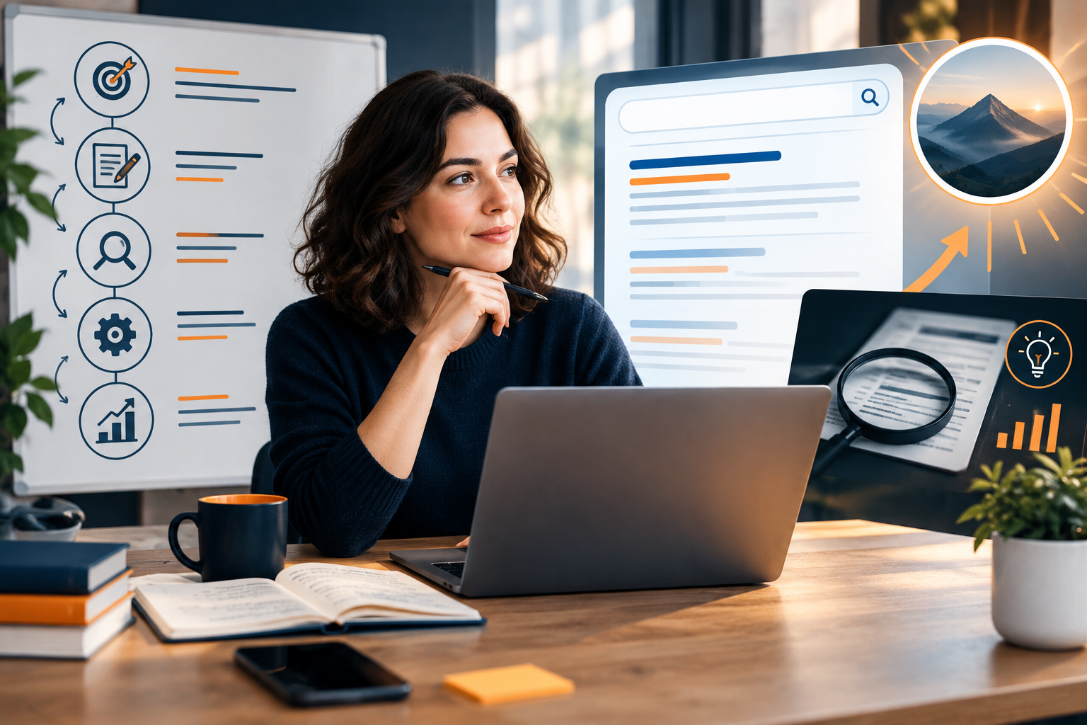 Content strategist planning an SEO blog post with search and content notes