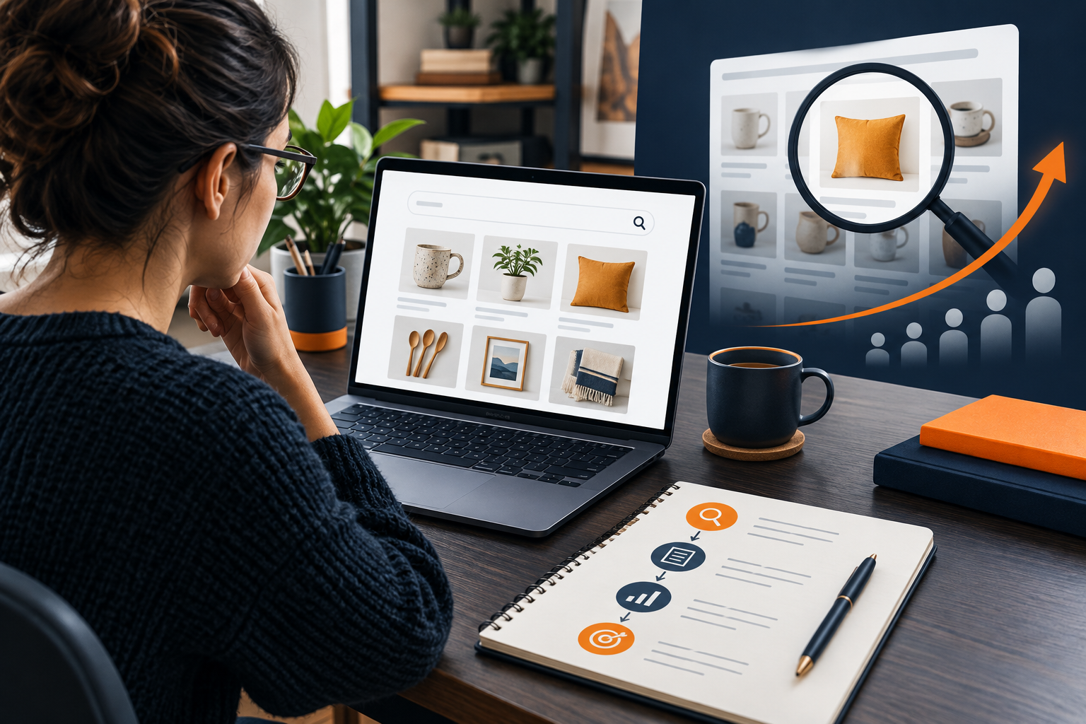 Seller reviewing Etsy product listings and search performance