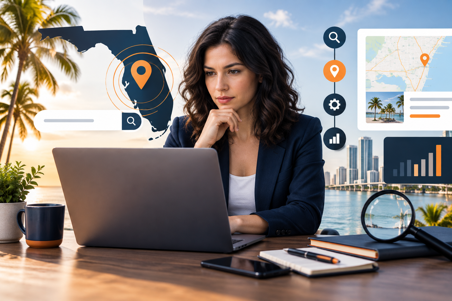 Business owner and SEO consultant reviewing local search strategy for Florida markets