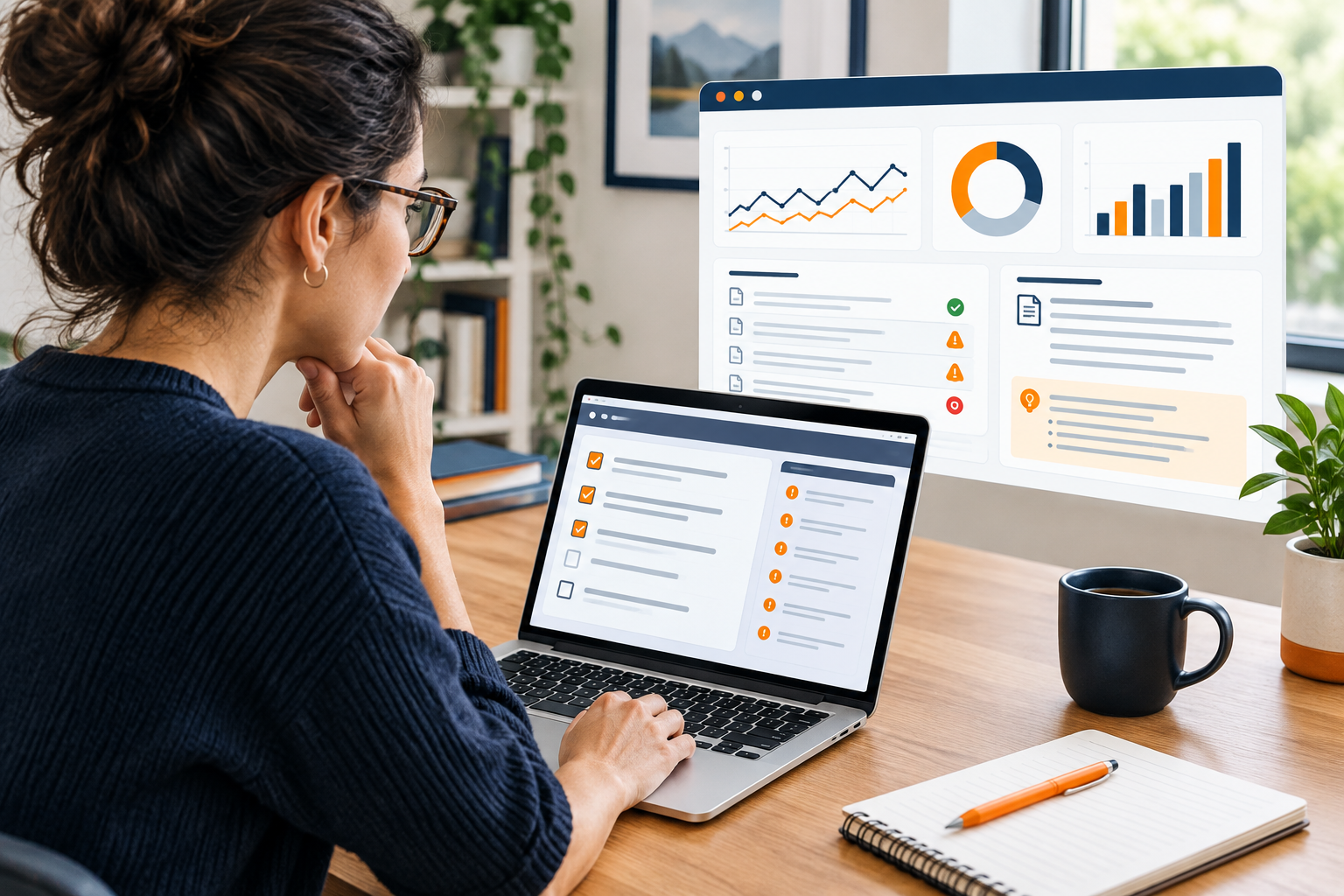Business owner reviewing a website audit checklist and SEO diagnostics on a laptop.