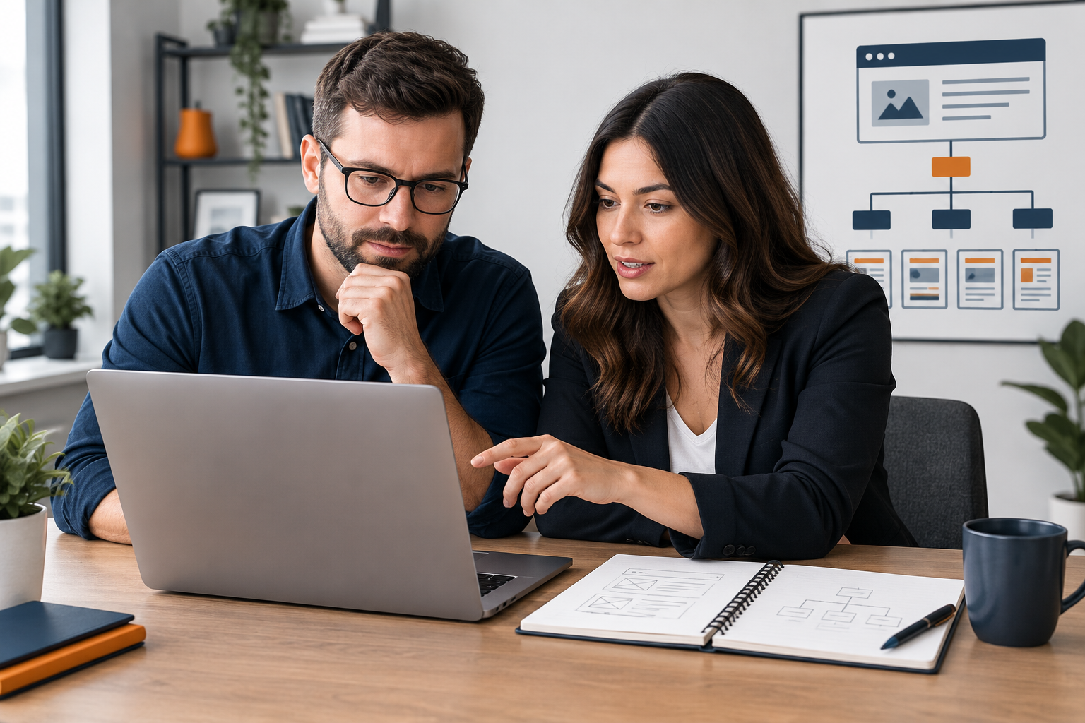 Business owner and marketing specialist reviewing a website SEO plan