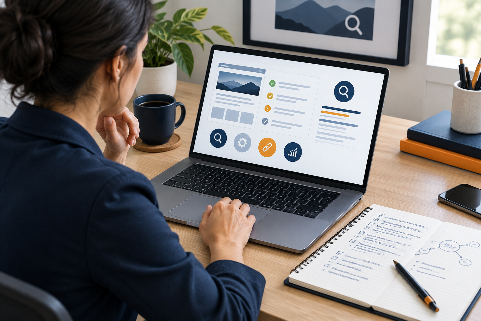 Business marketer reviewing website audit findings before starting SEO work.