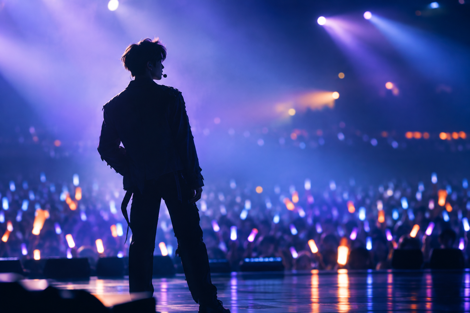 Silhouetted K-pop performance stage with purple and blue concert lighting