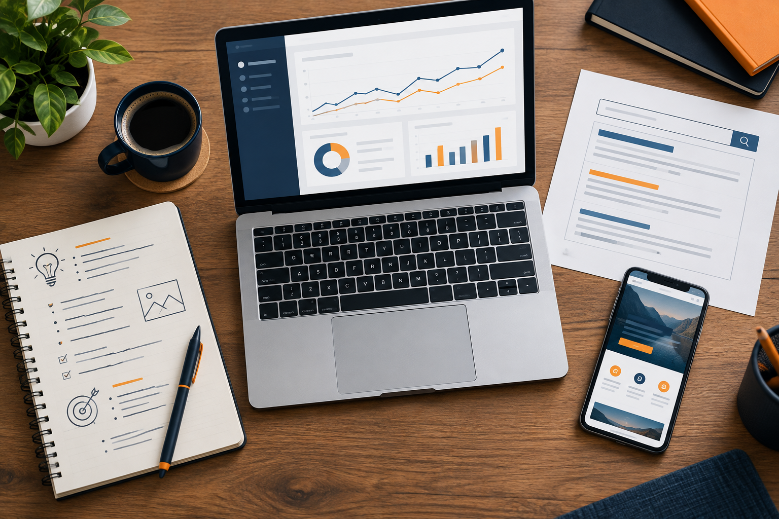Workspace illustrating the connection between online marketing, SEO, website content, and performance