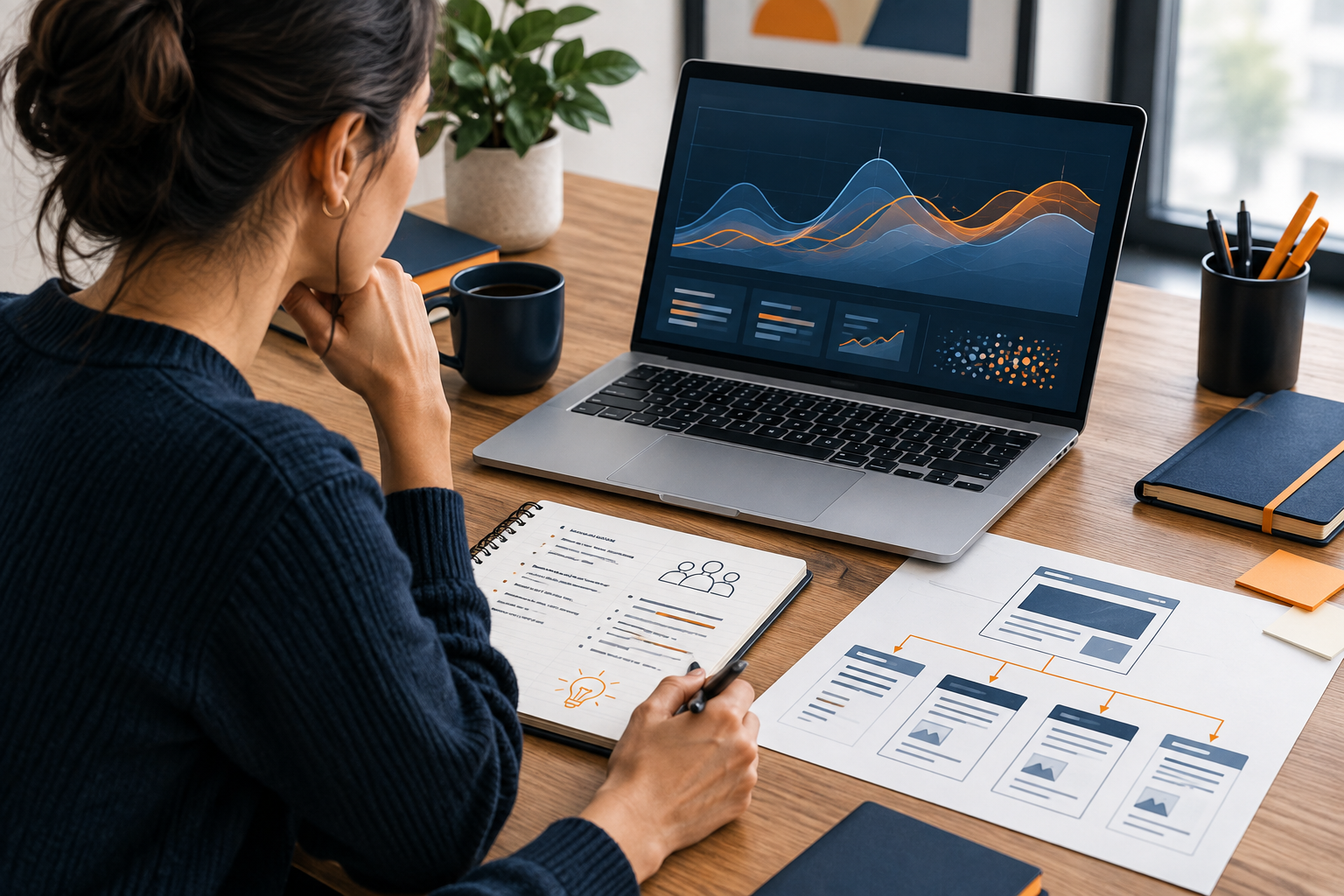 Marketing strategist reviewing SEO research notes, search trends, and a website content plan.