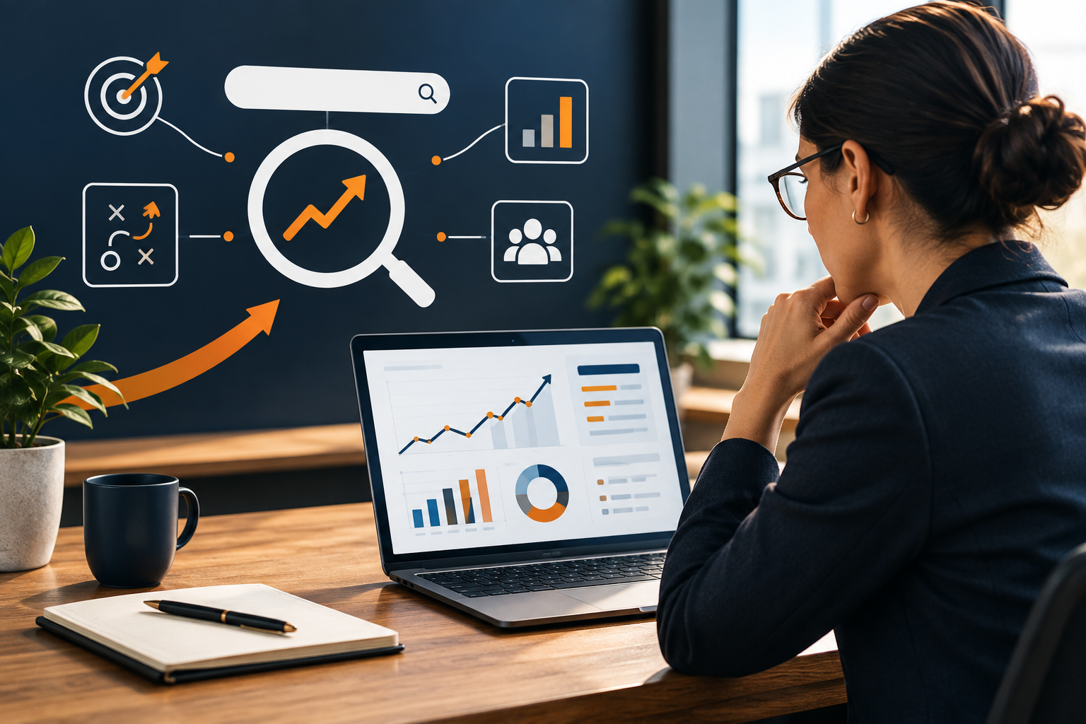 SEO and analytics dashboard reviewed by a marketing team