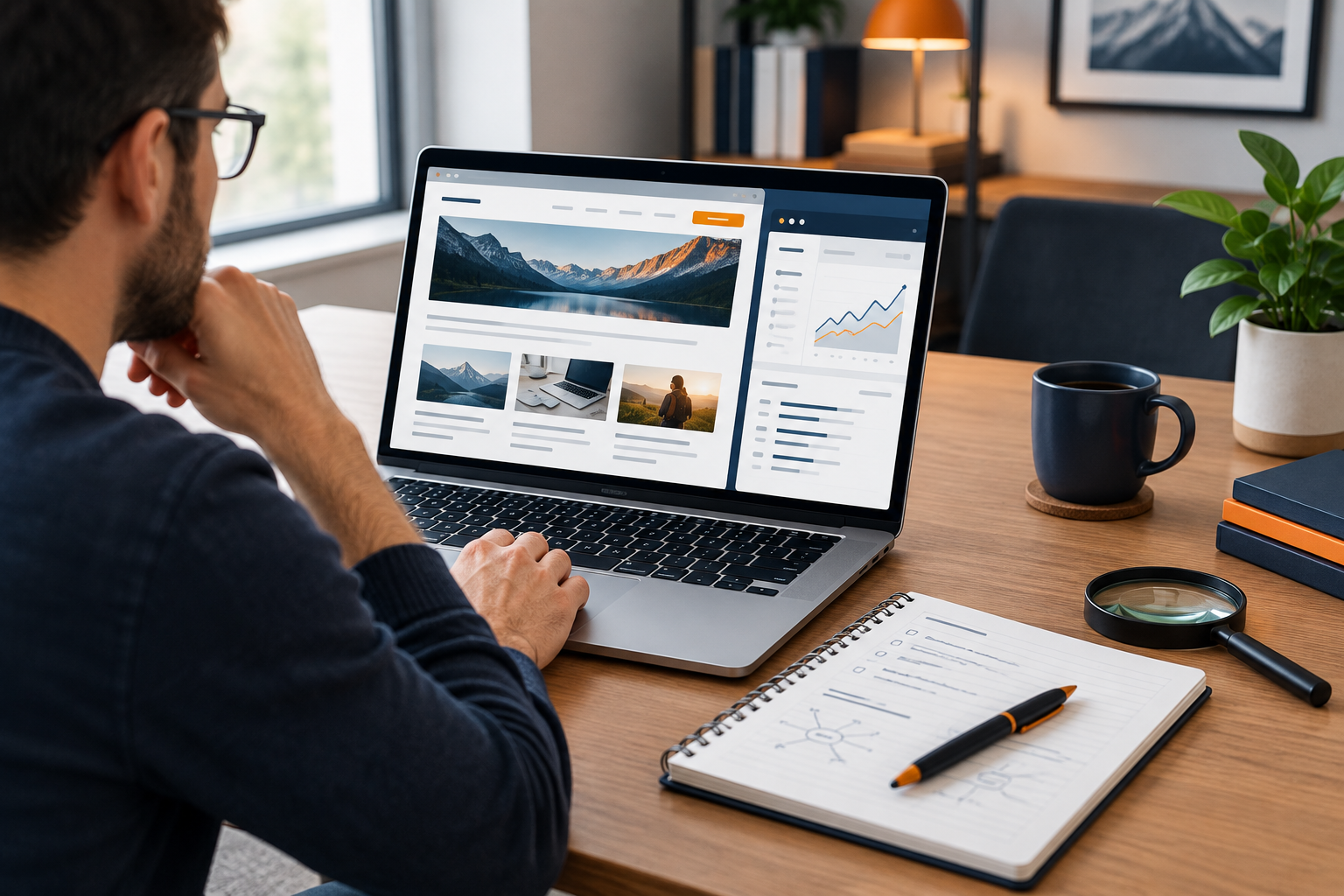 Business owner reviewing website search visibility and SEO priorities on a laptop.
