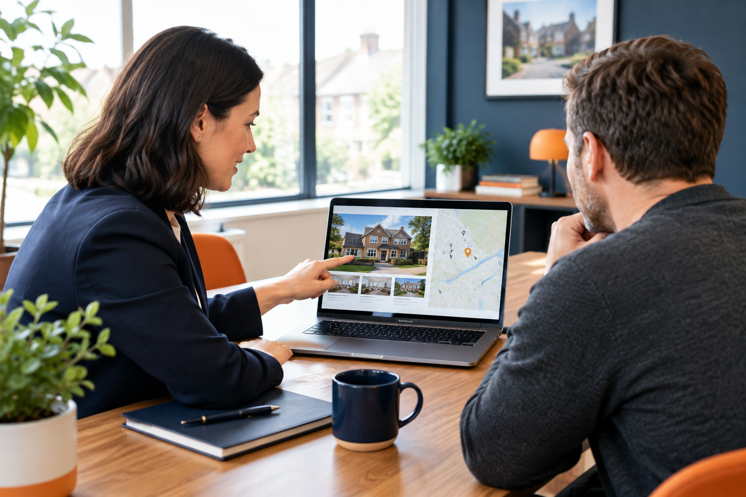 Estate agent and homeowner reviewing a property listing and local map on a laptop.