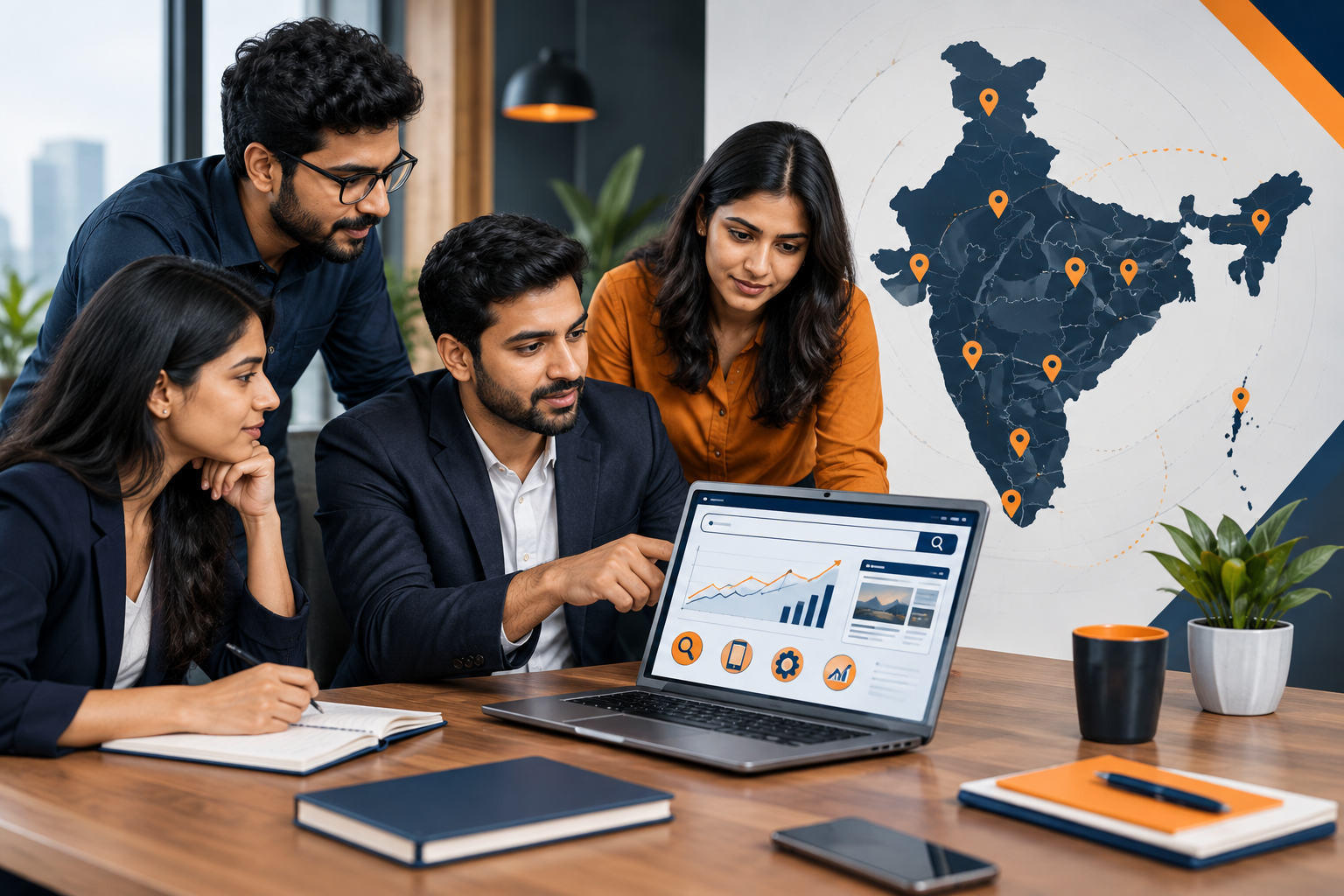 Business team reviewing India-focused SEO performance and market targeting.