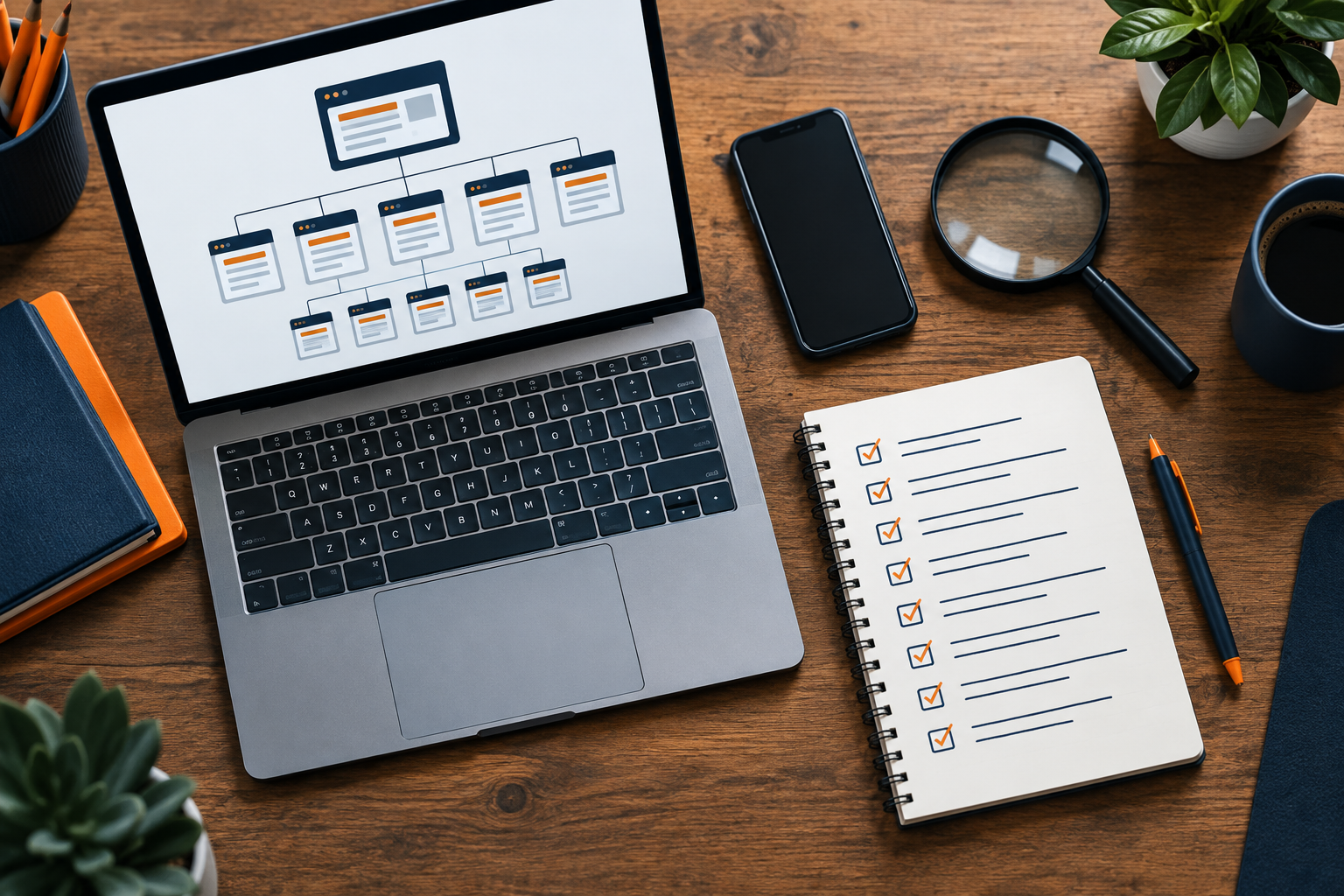 Technical SEO review workspace with website architecture, mobile device, and audit materials.