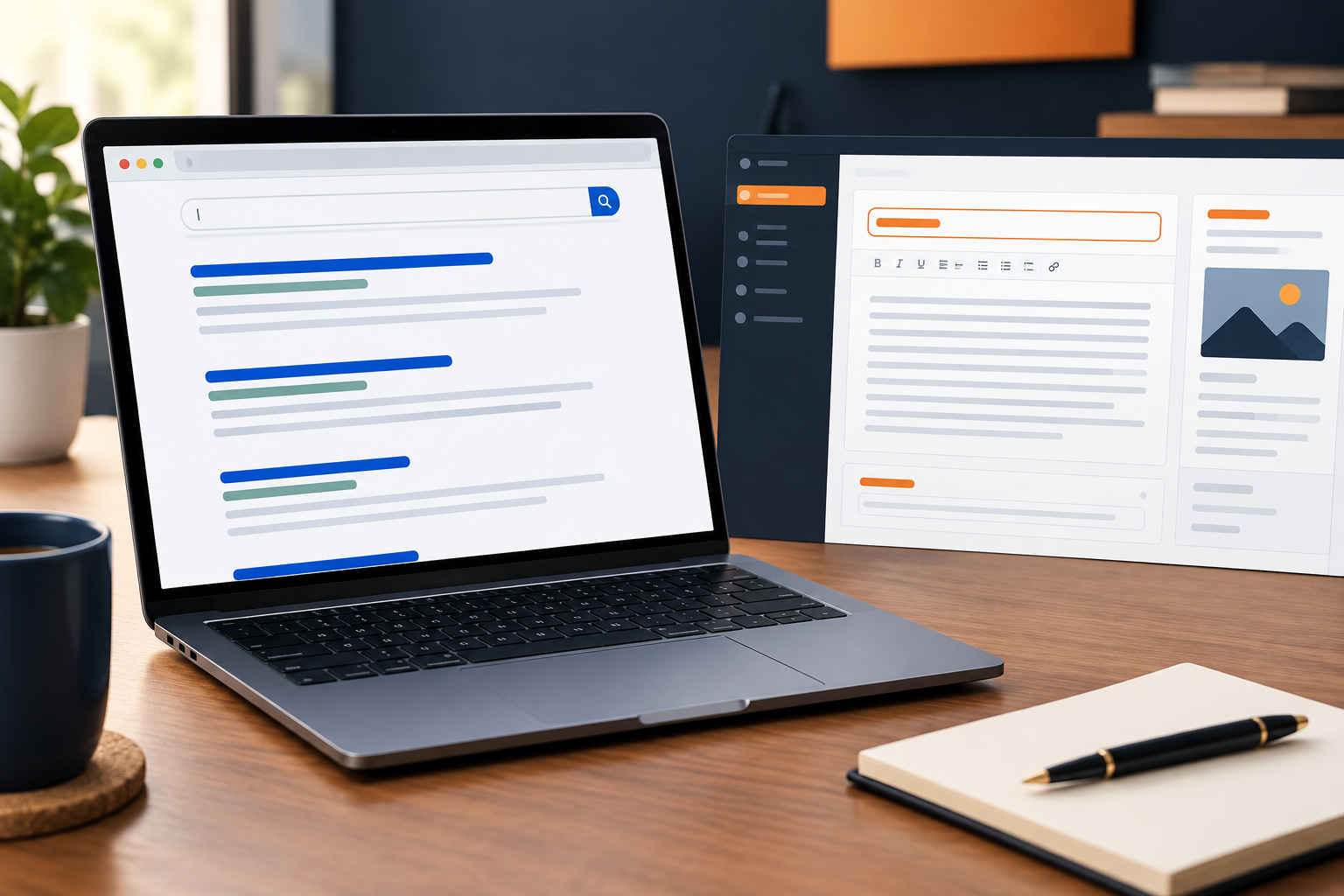 Laptop displaying a search-results interface beside a webpage editing screen to illustrate SEO title review.