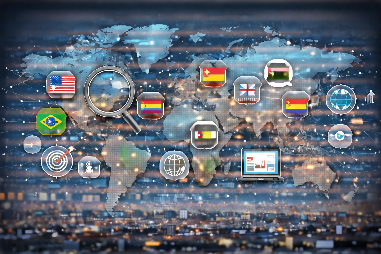 World map illustrating localized search across countries and language markets