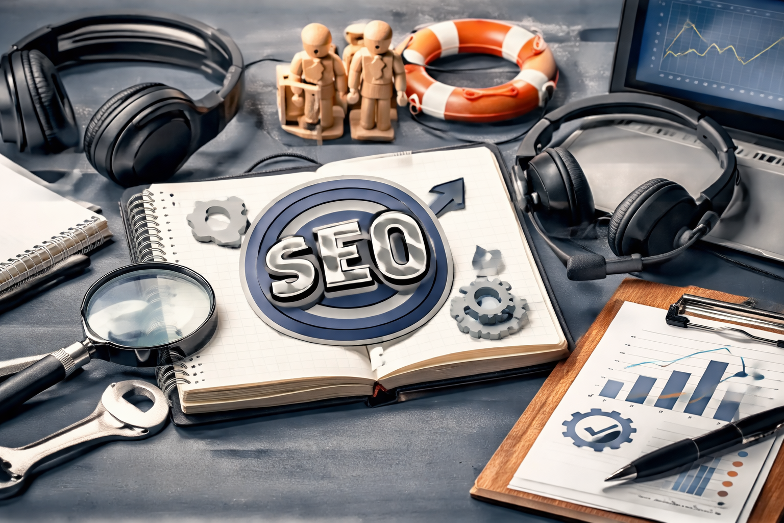 Illustration representing the core parts of SEO: useful content, site structure, and technical accessibility